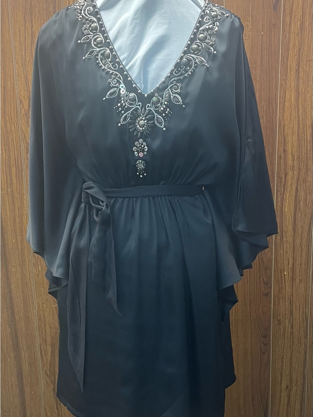 Embellished V-Neck Black Long-Sleeve Dress with Sash